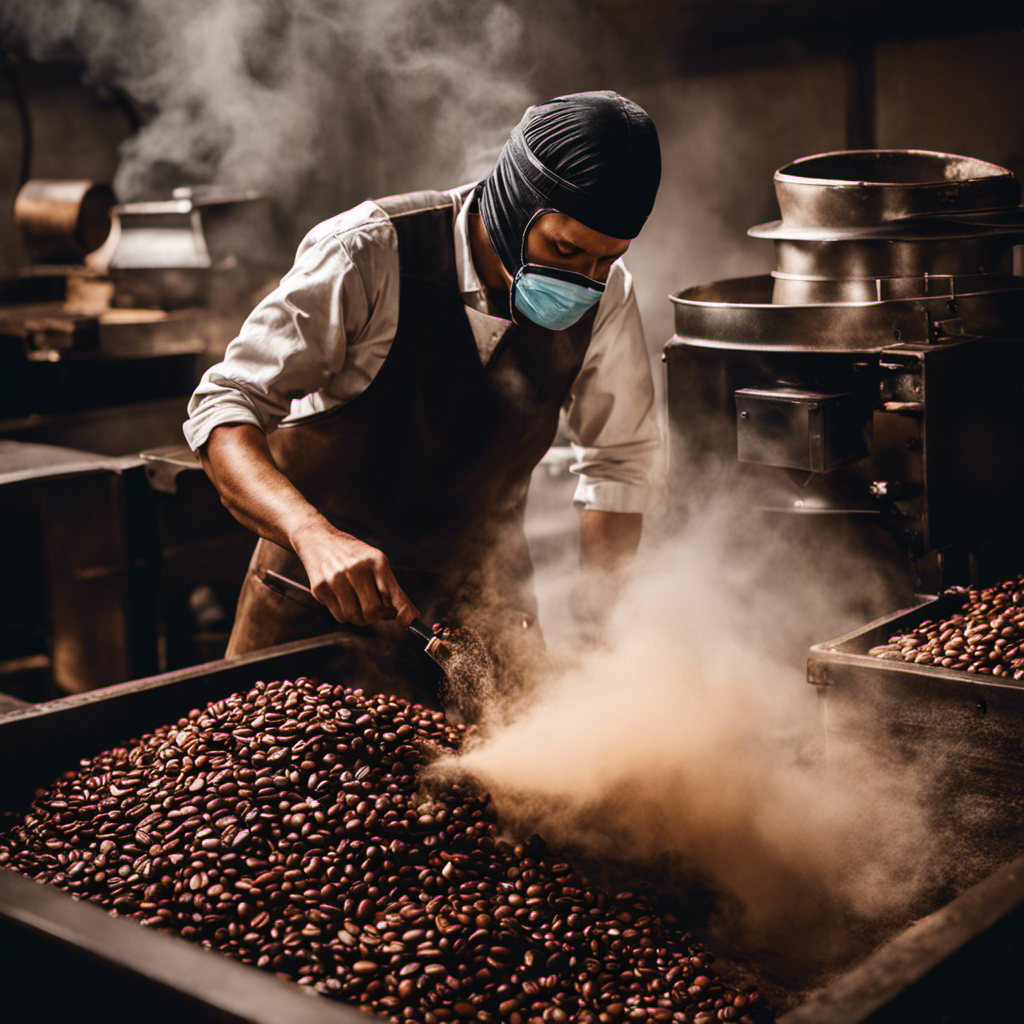 An image showcasing a coffee roasting process with a smoky haze engulfing the room, as a worker wears a protective mask, highlighting the potential health hazards associated with roasting coffee beans