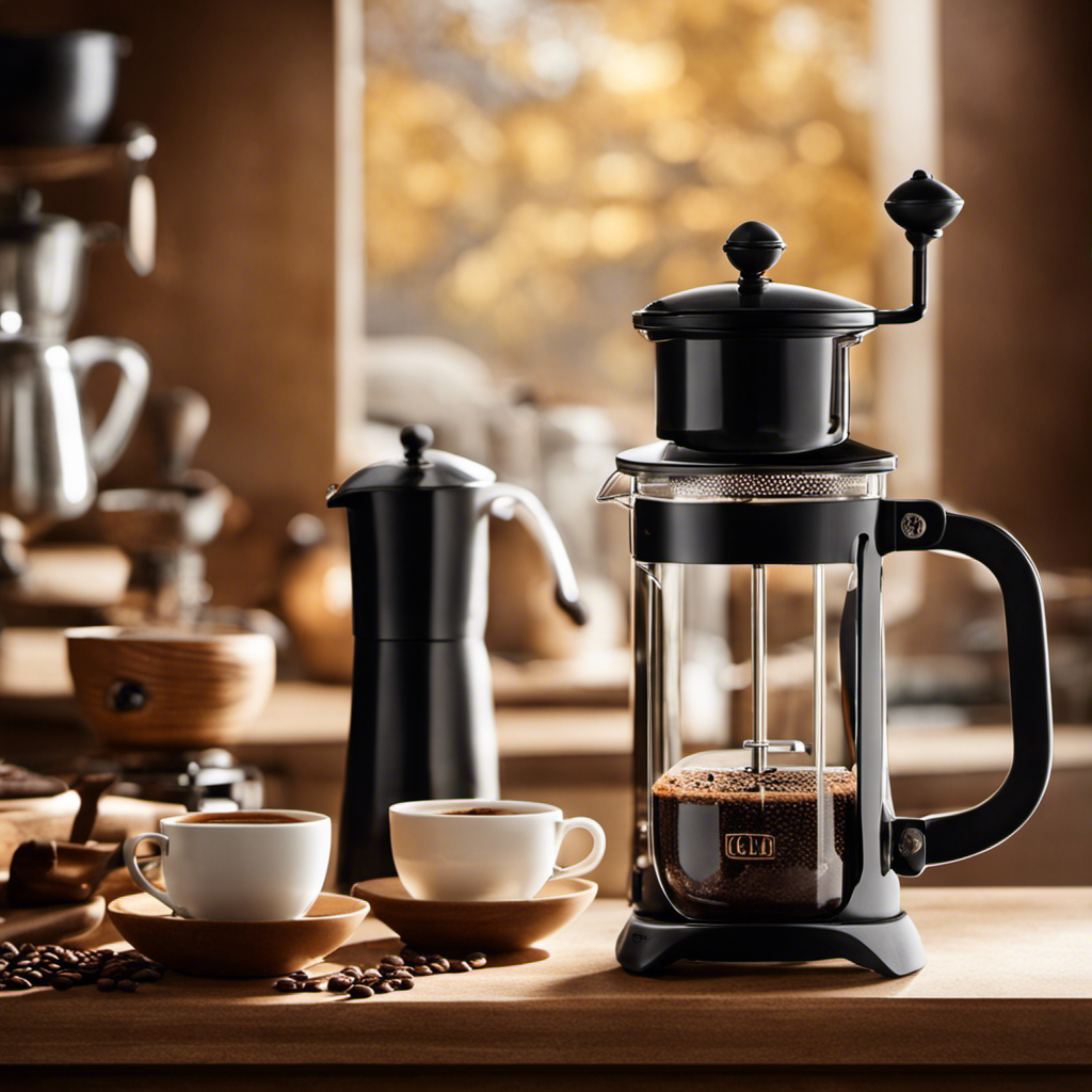 An image showcasing a serene, sunlit kitchen with a manual coffee grinder, a precise scale, a gleaming French press, and a steamy cup of coffee, perfectly brewed to highlight the golden rules of coffee making
