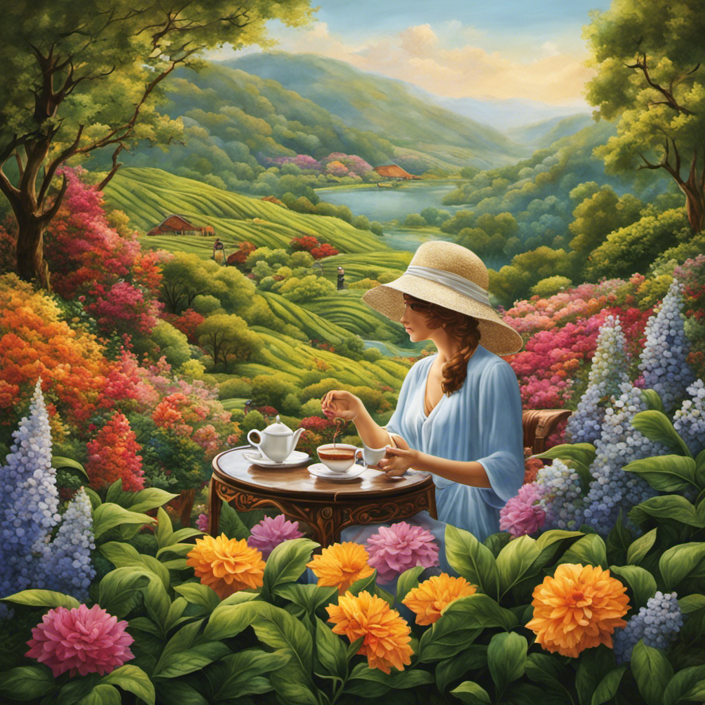 An image showcasing a serene scene of a person enjoying a steaming cup of fragrant decaffeinated tea, surrounded by lush greenery and colorful blooming flowers, evoking a sense of calmness and well-being