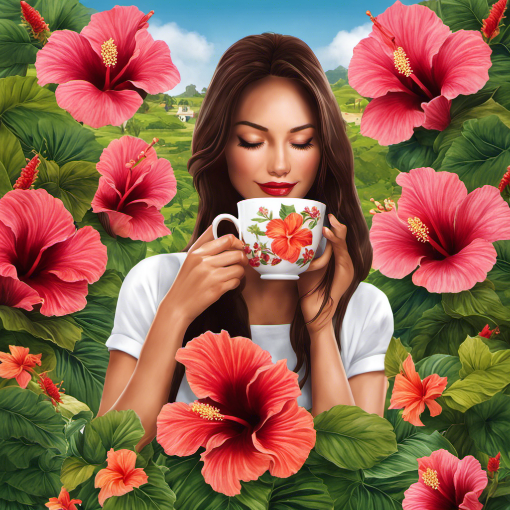 An image showing a vibrant, steamy cup of hibiscus tea being held by a person with a contented expression, surrounded by lush hibiscus flowers and a serene backdrop, evoking the refreshing and nourishing health benefits of this herbal infusion