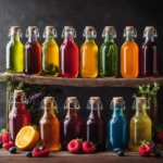 An image showcasing a vibrant assortment of colorful, glass bottles brimming with effervescent Kombucha tea