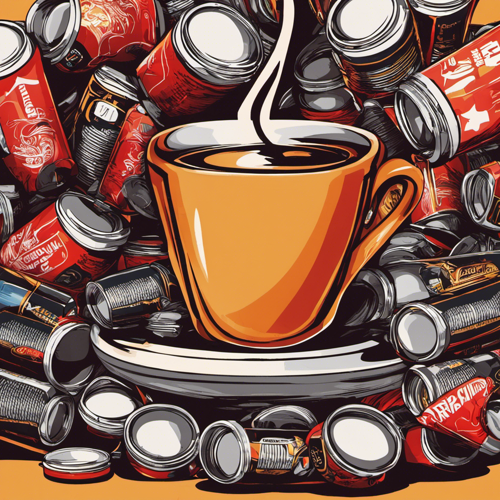 An image showcasing a close-up of a trembling hand holding an overflowing coffee cup, surrounded by scattered energy drink cans and a racing heartbeat monitor in the background