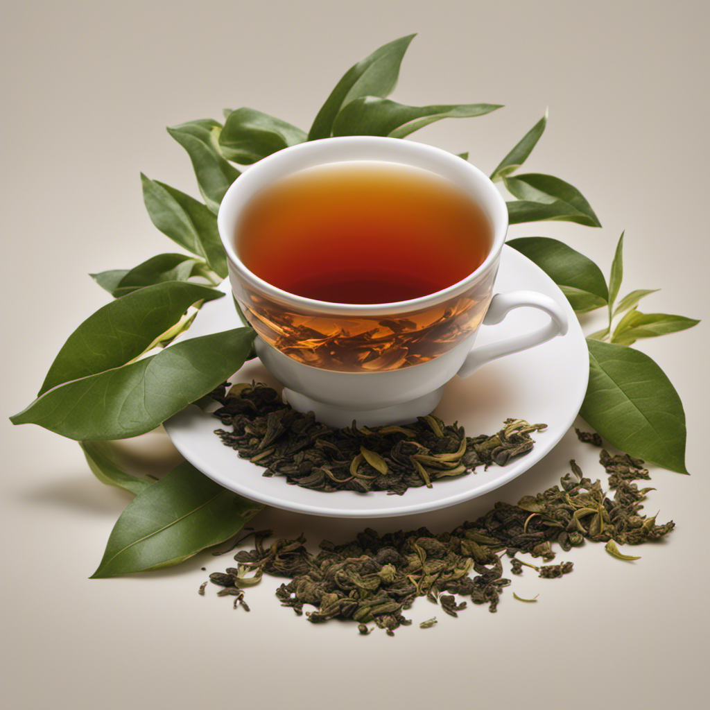 An image depicting a serene cup of oolong tea with steam gently rising, surrounded by wilted tea leaves, symbolizing the potential side effects