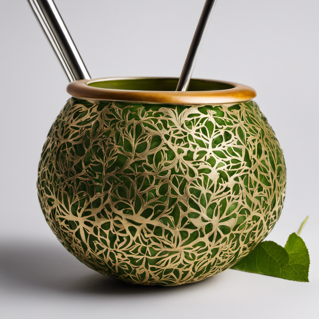 An image that showcases a vibrant, gourd-shaped yerba mate cup filled with the earthy green infusion