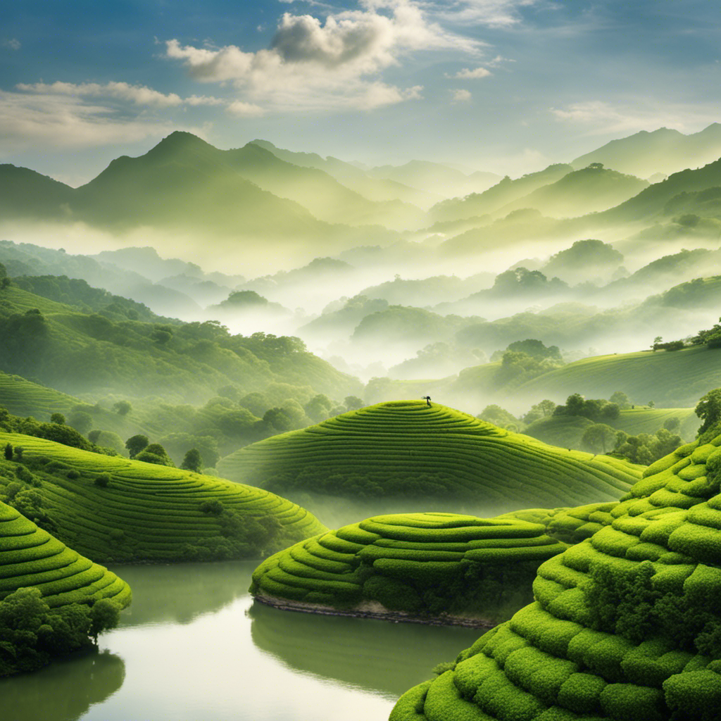 An image showcasing a serene and elegant scene with a steaming cup of Oolong tea, surrounded by lush green tea leaves gently swaying in a gentle breeze, evoking a sense of tranquility and the health benefits of this aromatic drink