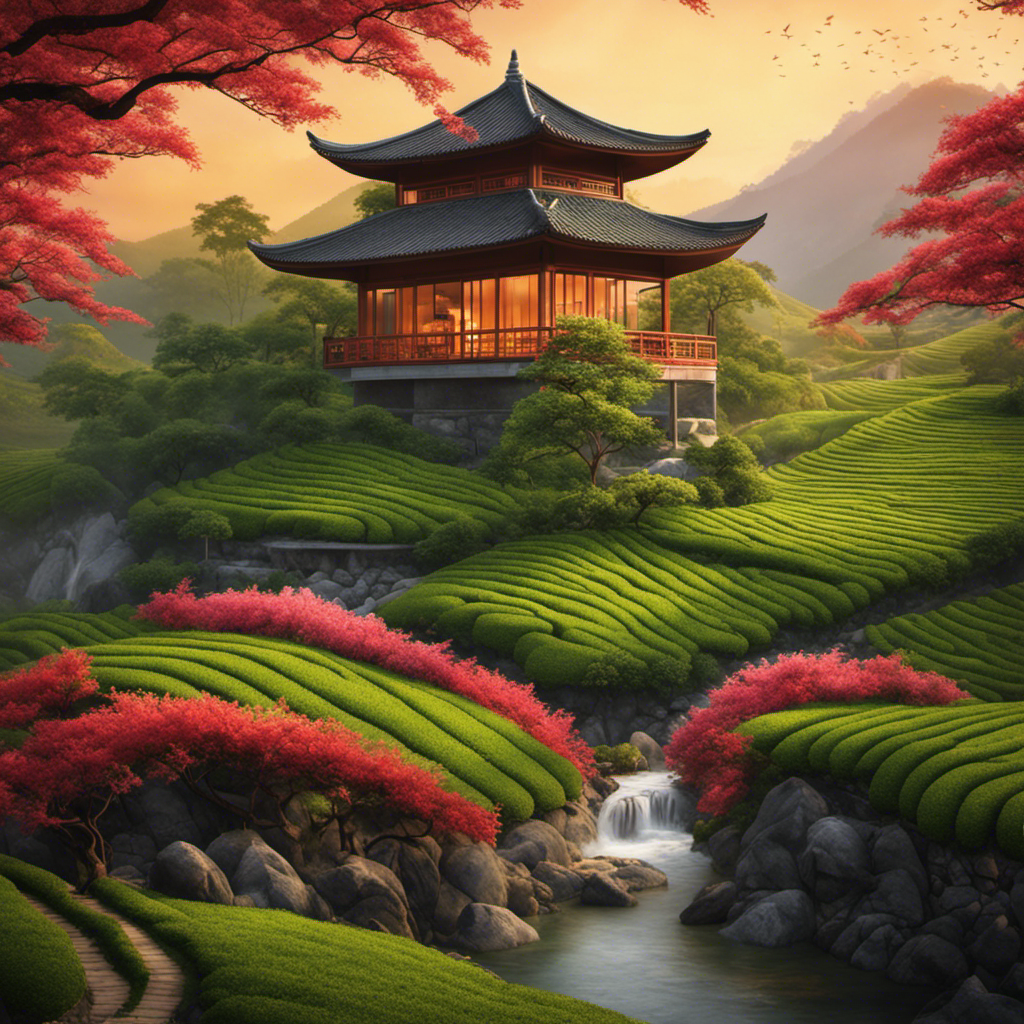 An image of a serene mountain landscape with a traditional Chinese teahouse nestled amidst lush green tea plantations