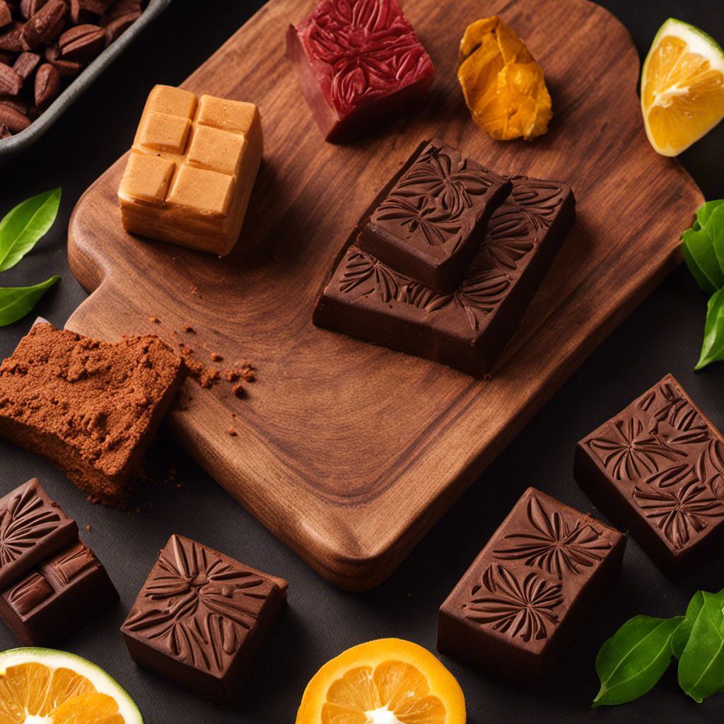 An image showcasing a close-up shot of a wooden cutting board adorned with three vibrant, neatly arranged raw cacao paste blocks