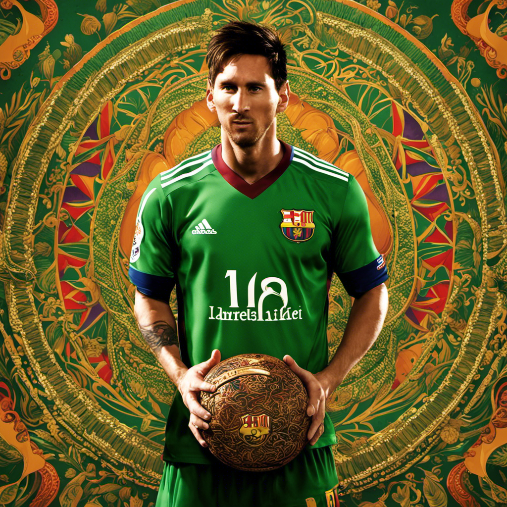 An image that showcases Lionel Messi in his Barcelona jersey, holding a gourd filled with rich, vibrant green yerba mate from his favorite brand