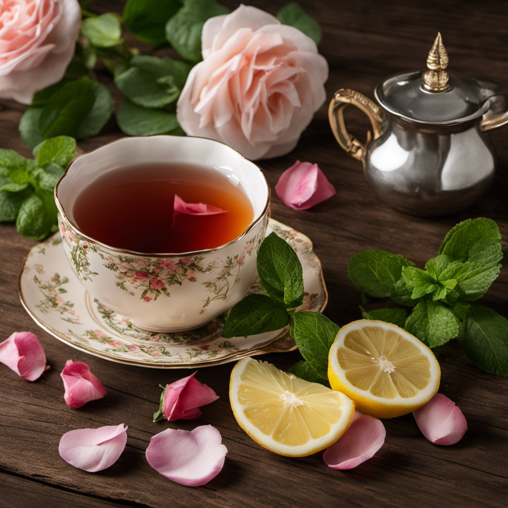 An image featuring a steaming cup of oolong tea adorned with delicate rose petals, slices of fresh lemon, and a sprig of mint, resting on a rustic wooden table
