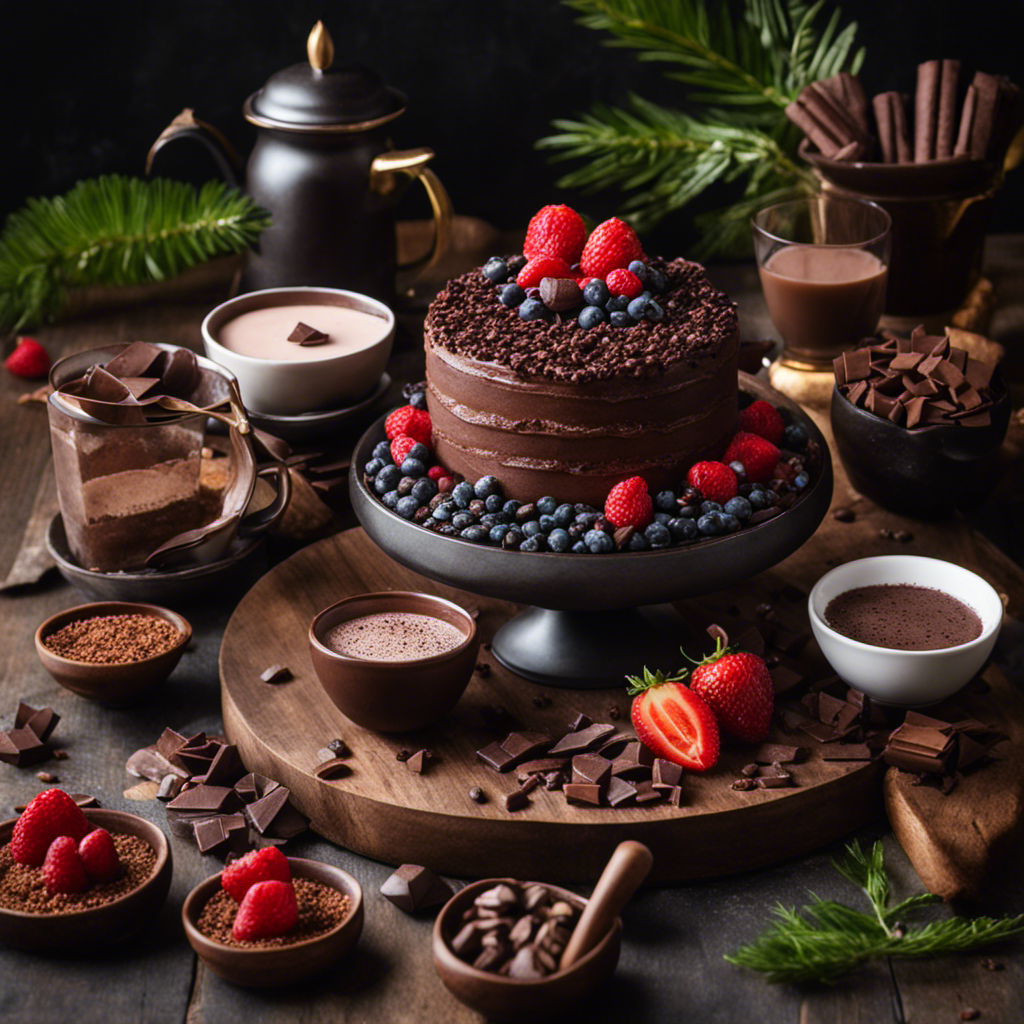 An image featuring a rustic wooden table adorned with a variety of raw cacao-based delights: a decadent dark chocolate cake, a velvety smoothie bowl topped with cacao nibs, and a steaming cup of rich hot chocolate