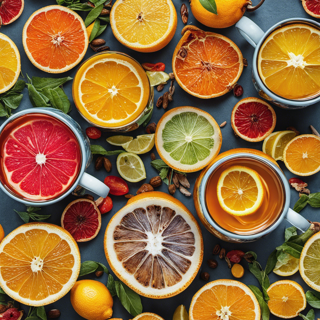 An image showcasing a vibrant mug filled with a steaming, richly colored herbal tea, surrounded by an assortment of fresh, sliced citrus fruits, highlighting a refreshing and low acidic alternative to coffee for your morning routine