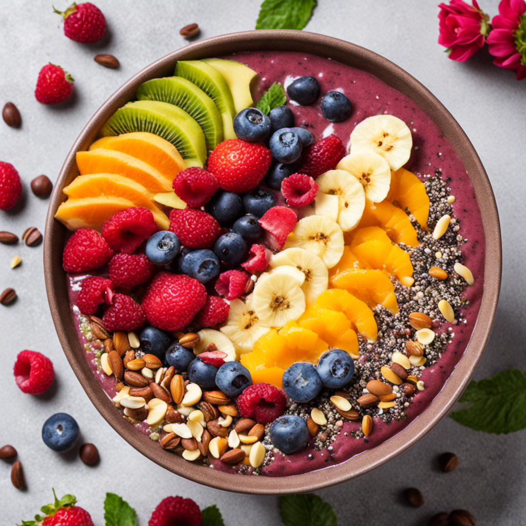 An enticing image showcasing a vibrant smoothie bowl topped with a generous sprinkling of raw cacao and chia seeds