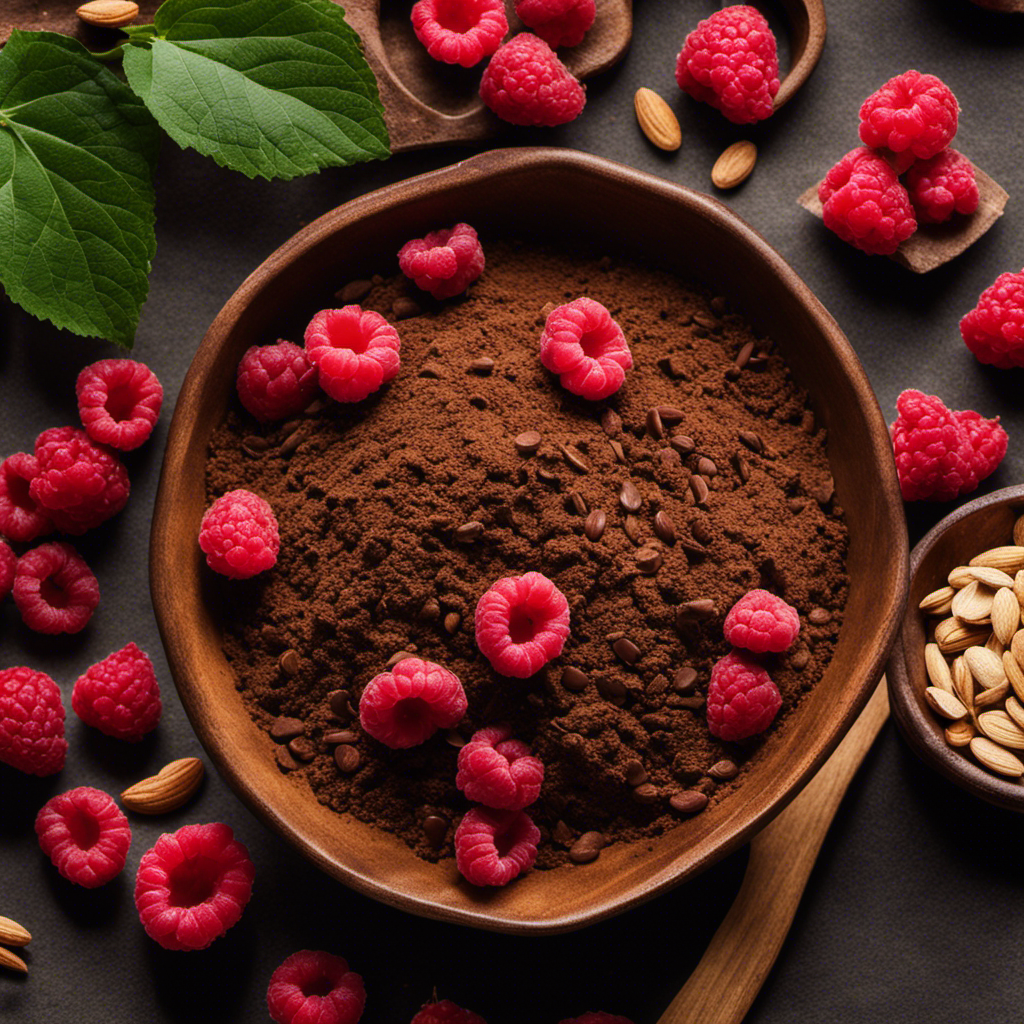 An image capturing a rustic kitchen countertop adorned with a wooden bowl filled with velvety raw cacao powder, surrounded by vibrant ingredients like ripe raspberries, crunchy almonds, and aromatic vanilla beans