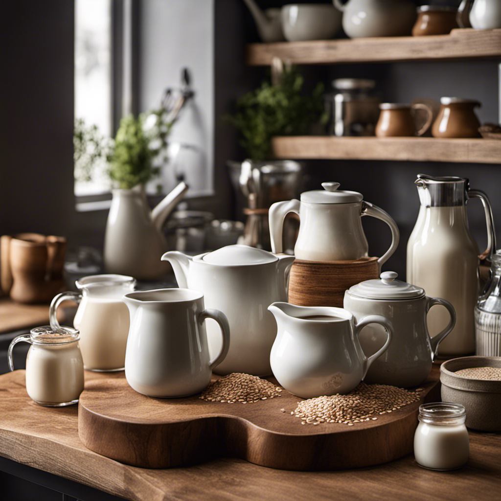 An image featuring a rustic kitchen counter adorned with an elegant porcelain creamer, surrounded by an array of alternative coffee creamer options such as coconut milk, almond milk, and oat milk, each neatly labeled