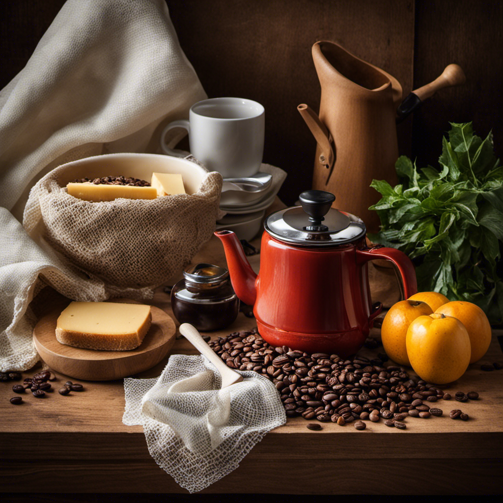 An image showcasing a vibrant kitchen countertop with a ceramic mug filled with rich, aromatic coffee brewing through a fine-mesh sieve, surrounded by neatly folded cheesecloth and a stack of neatly cut, unbleached paper towels