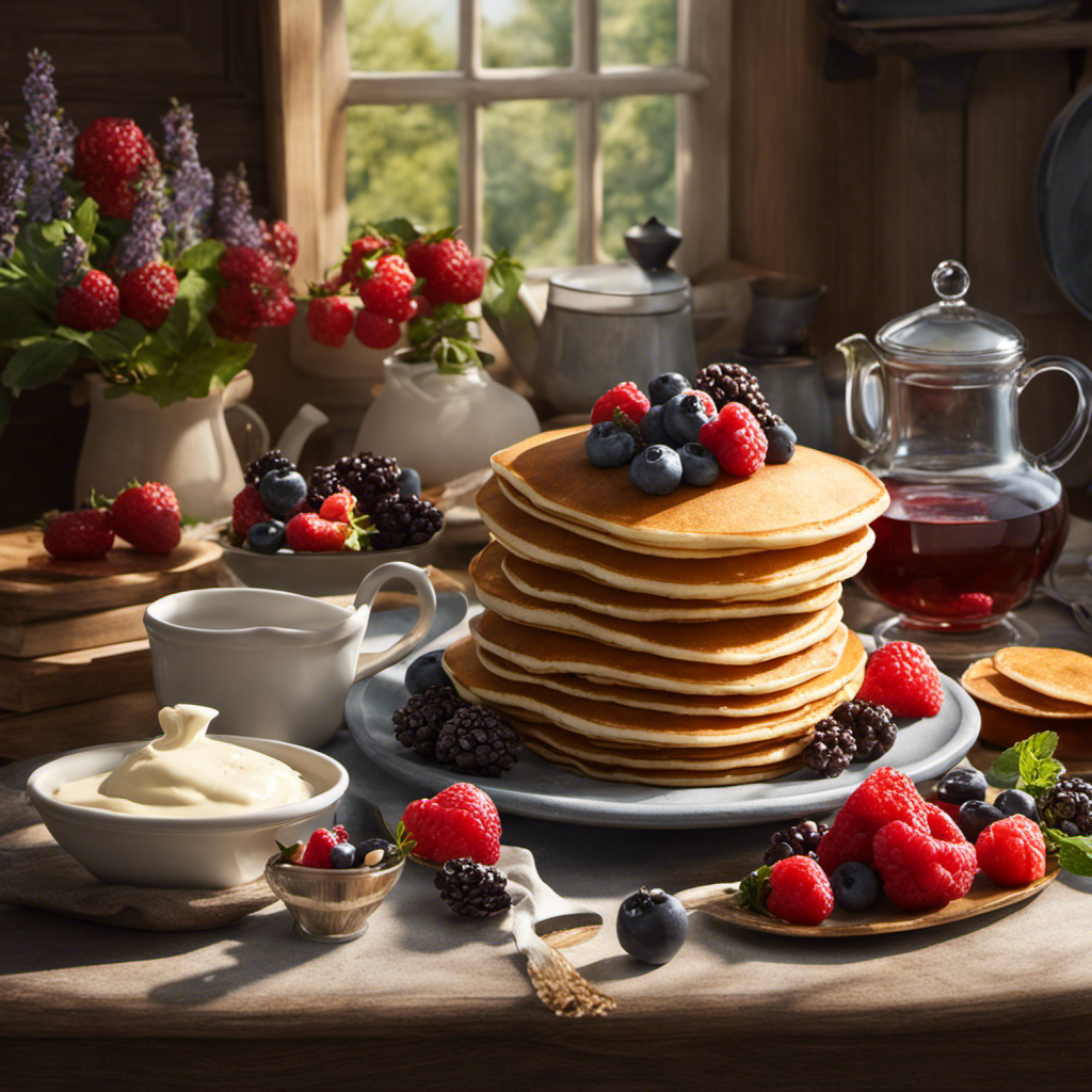 An image that showcases a cozy, sunlit kitchen scene, with a steaming cup of herbal tea sitting next to a stack of warm, homemade pancakes topped with fresh berries and a dollop of creamy yogurt