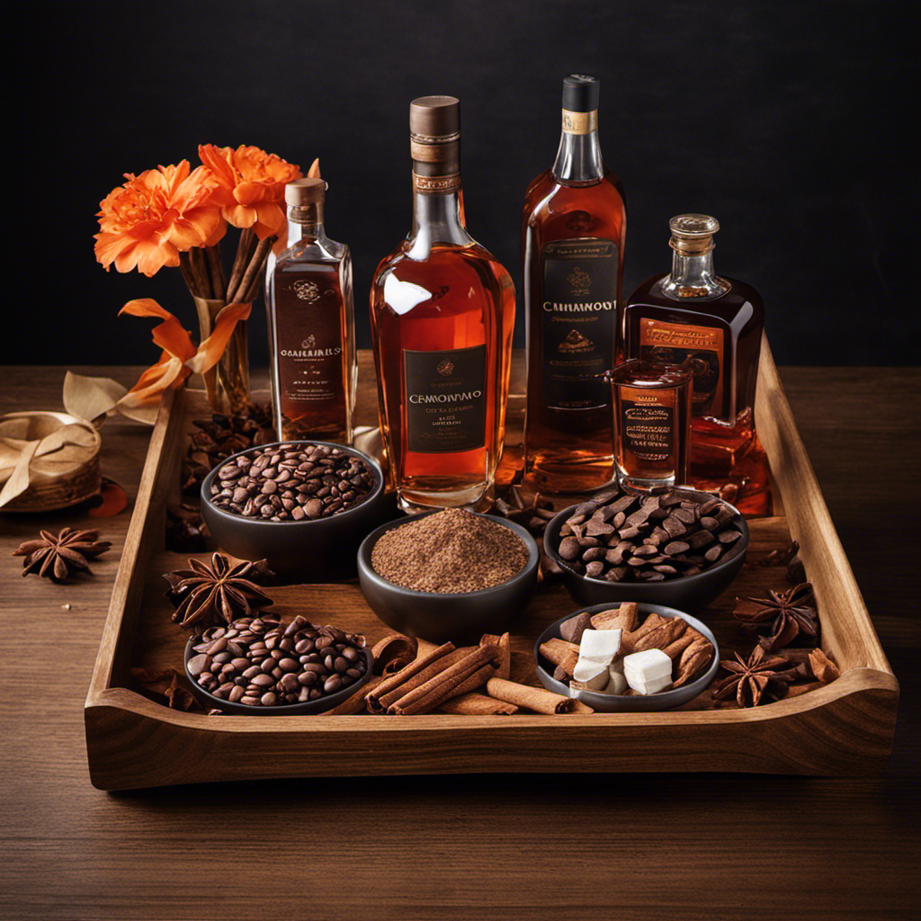 An image showcasing a rustic wooden tray adorned with a variety of tantalizing alternatives to coffee liqueur: rich, dark chocolate shavings, aromatic vanilla pods, fragrant cinnamon sticks, and a bottle of smooth, amber-hued bourbon