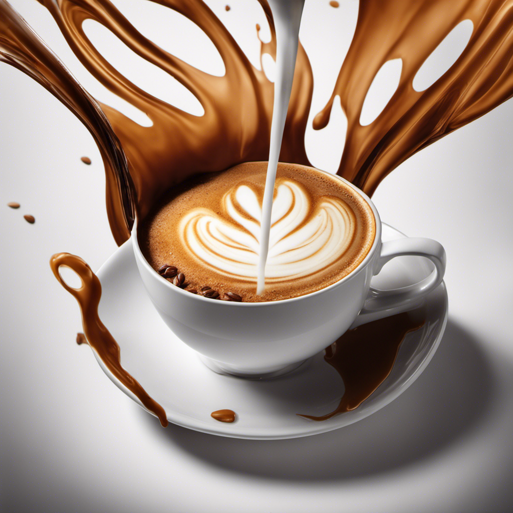 An image showcasing a rich cup of coffee being poured with a creamy swirl of almond milk