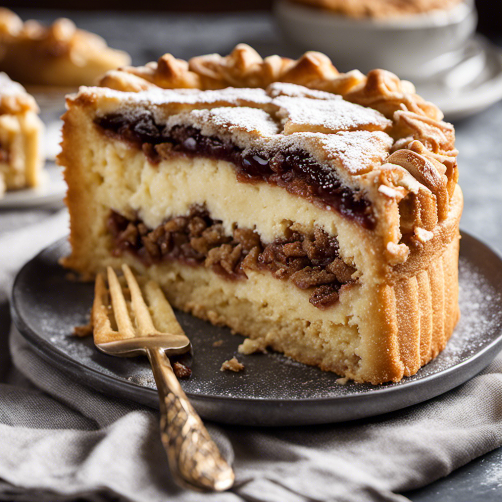 An image showcasing a mouthwatering coffee cake with a delectable, flaky crust