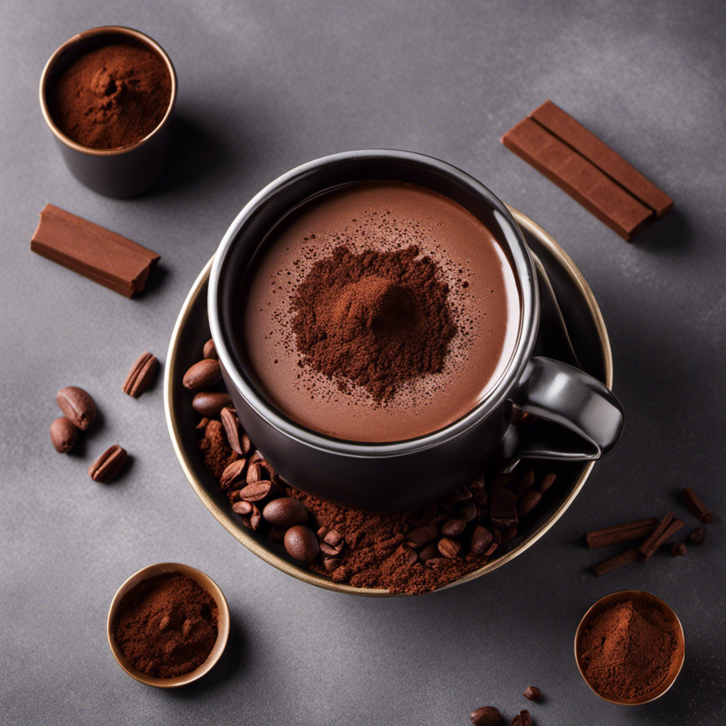 An image showcasing a steaming cup of rich, velvety hot chocolate sprinkled with finely ground dark cocoa, accompanied by a bowl of fragrant roasted cacao beans, offering a perfect substitute for espresso powder