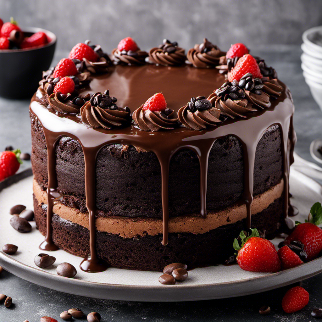 An image of a rich, decadent chocolate cake topped with a luscious mocha glaze
