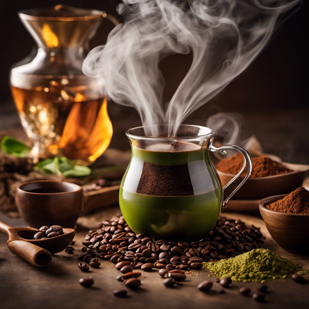 An image showcasing a steaming cup of freshly brewed coffee, with a rich, aromatic vapor rising from it, surrounded by a collection of alternative ingredients like cocoa powder, matcha, chicory root, and vanilla extract, enticing readers to explore substitutes for instant coffee in recipes