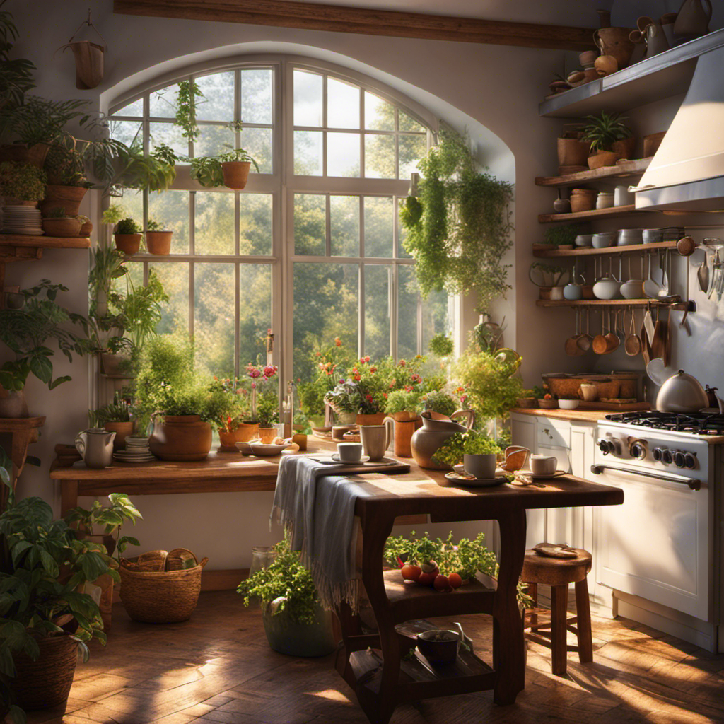An image showcasing a cozy morning scene: a sunlit kitchen with a steaming mug of herbal tea, surrounded by vibrant plants, a warm blanket draped over a chair, and a serene person enjoying the moment