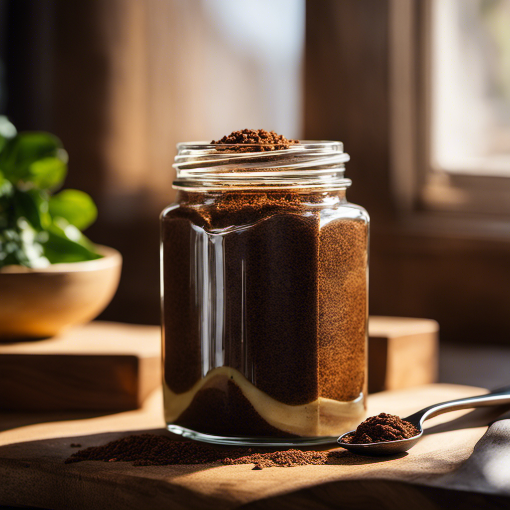 An image depicting a coffee scrub recipe: a close-up shot of a glass jar filled with freshly ground coffee, a spoonful of shea butter, and a dollop of avocado oil, surrounded by sunlight streaming through a window