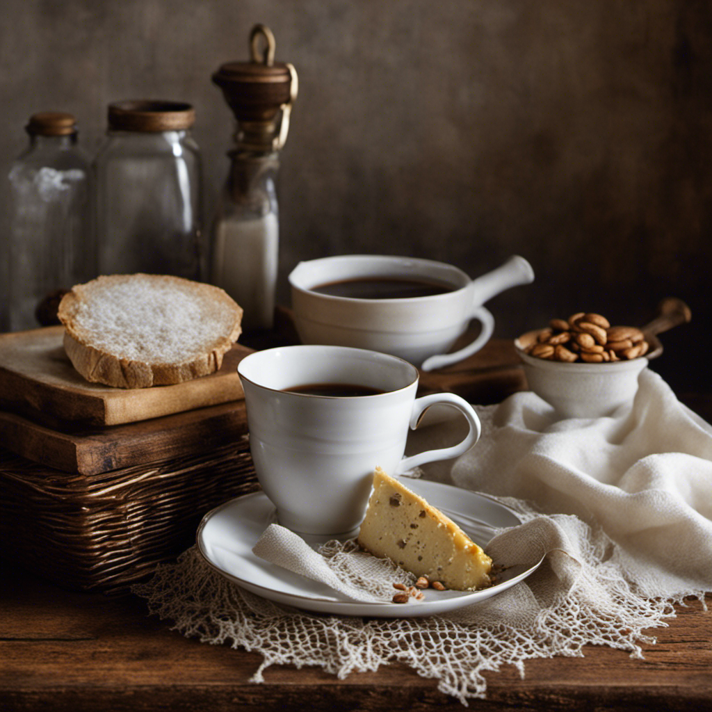 An image displaying a rustic kitchen countertop adorned with a porcelain white dish, overflowing with a mound of fine, natural unbleached cheesecloth, delicately draped over a vintage brass wire mesh strainer, ready to brew a rich, aromatic cup of coffee