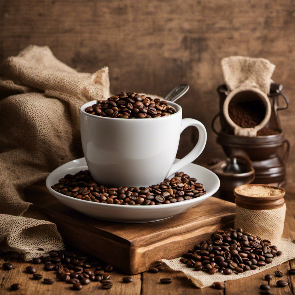 An image depicting a rustic kitchen scene with a vintage, porcelain coffee cup filled with freshly ground coffee beans, surrounded by a stack of unbleached paper towels and a mesh sieve with coffee grounds