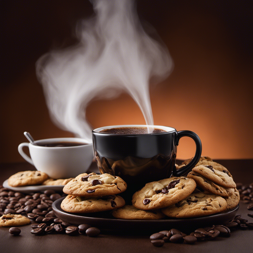 An image showcasing a steaming cup of rich, dark liquid slowly pouring into a bowl of freshly baked cookies