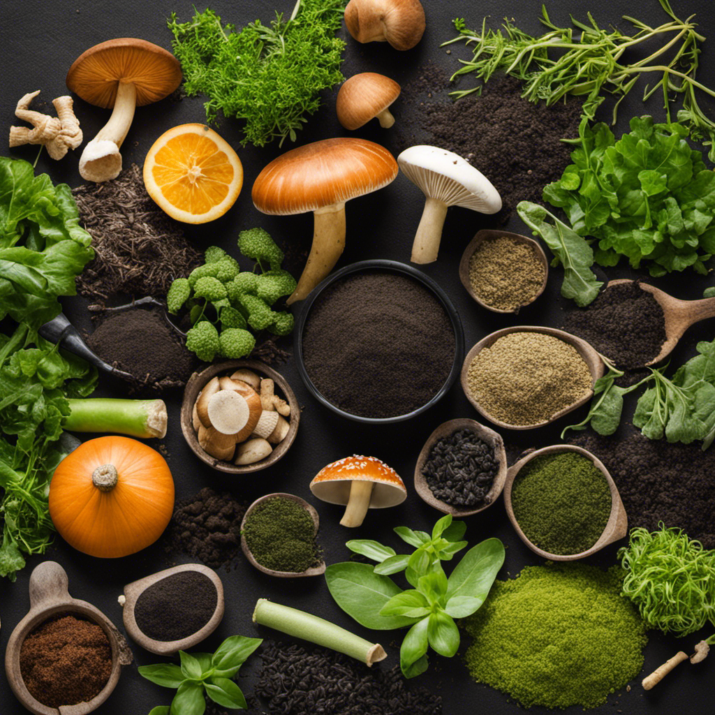 An image showcasing a diverse array of alternative ingredients for compost tea, such as alfalfa meal, seaweed meal, worm castings, and mushroom compost, arranged in a visually appealing and informative manner