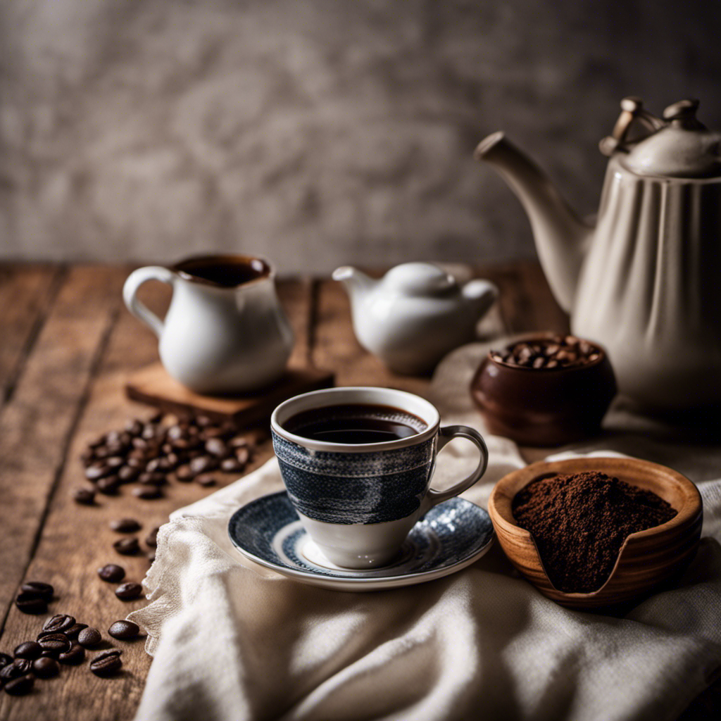 An image showcasing a rustic, vintage coffee brewing setup: an elegant porcelain teacup filled with aromatic coffee grounds, being slowly poured over a meticulously folded, handcrafted cloth filter nestled in a ceramic dripper