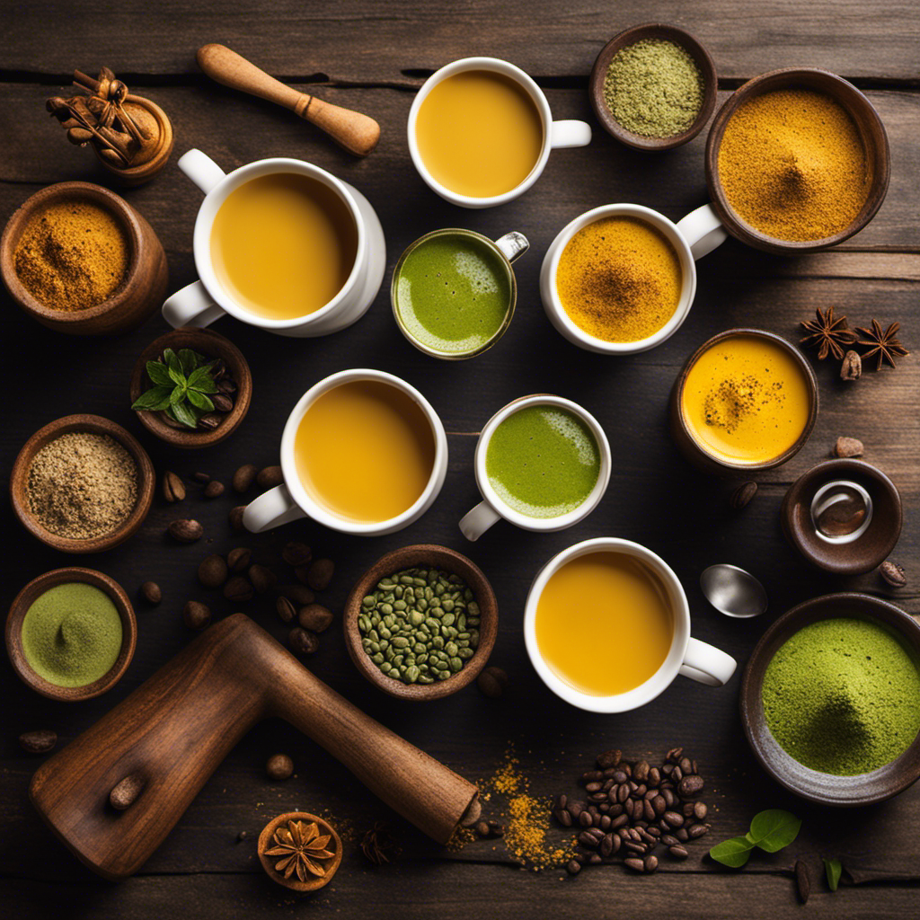 An image showcasing a rustic wooden table adorned with a variety of steaming mugs, each filled with enticing alternatives to coffee: golden turmeric latte, vibrant matcha, earthy yerba mate, fragrant chai, and velvety hot cocoa