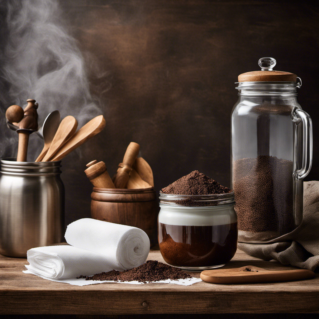 An image showcasing a rustic kitchen countertop adorned with a stack of perfectly folded white paper towels, a mesh sieve with coffee grounds, and a mason jar filled with a rich, aromatic brew pouring through the sieve