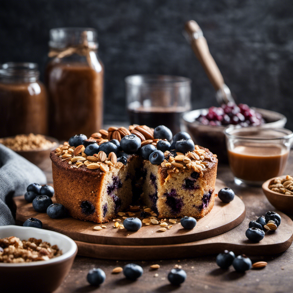 An image of a rustic kitchen countertop adorned with an array of alternative ingredients like almond flour, oats, and crushed walnuts, accompanied by fresh blueberries and a whisk, hinting at various substitutes for Jiffy Baking Mix in the luscious blueberry coffee cake topping