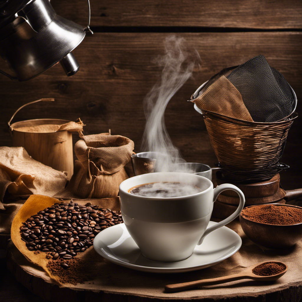 An image showcasing a rustic wooden table with a steaming cup of coffee, surrounded by an array of unconventional coffee filter substitutes such as cheesecloth, paper towel, and a mesh sieve, evoking curiosity about alternative brewing methods