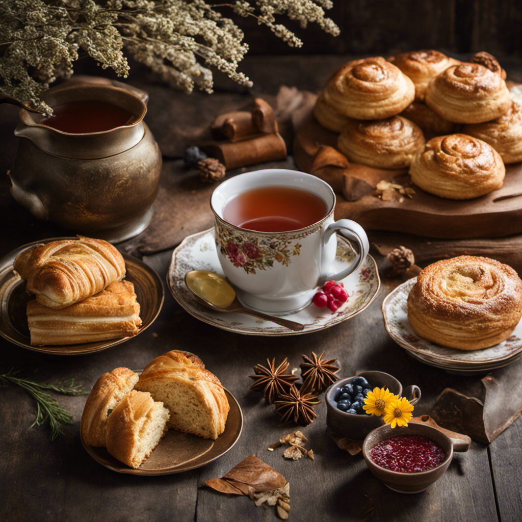 An image showcasing a cozy morning scene: a steaming mug of herbal tea, surrounded by freshly baked pastries, a vintage teapot, and a book with a bookmark peeking out