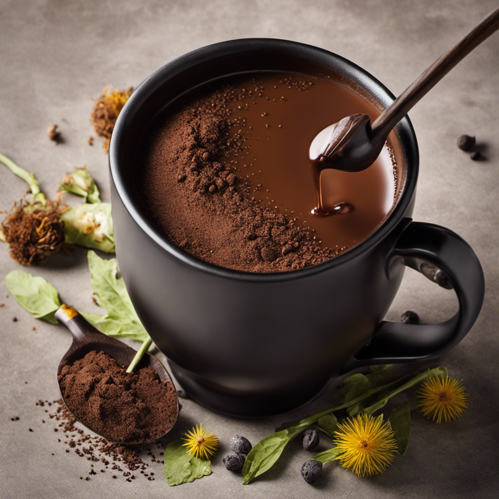 An image showcasing a steaming mug filled with a rich, dark liquid, accompanied by a vibrant assortment of alternative ingredients such as cocoa powder, matcha powder, chicory root, and roasted dandelion roots