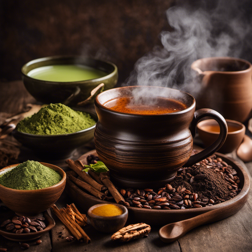 An image featuring a rustic wooden table adorned with a steaming mug filled with rich, dark liquid, alongside a lineup of diverse alternatives - from velvety cocoa beans and earthy roasted chicory to fragrant tea leaves and vibrant matcha powder