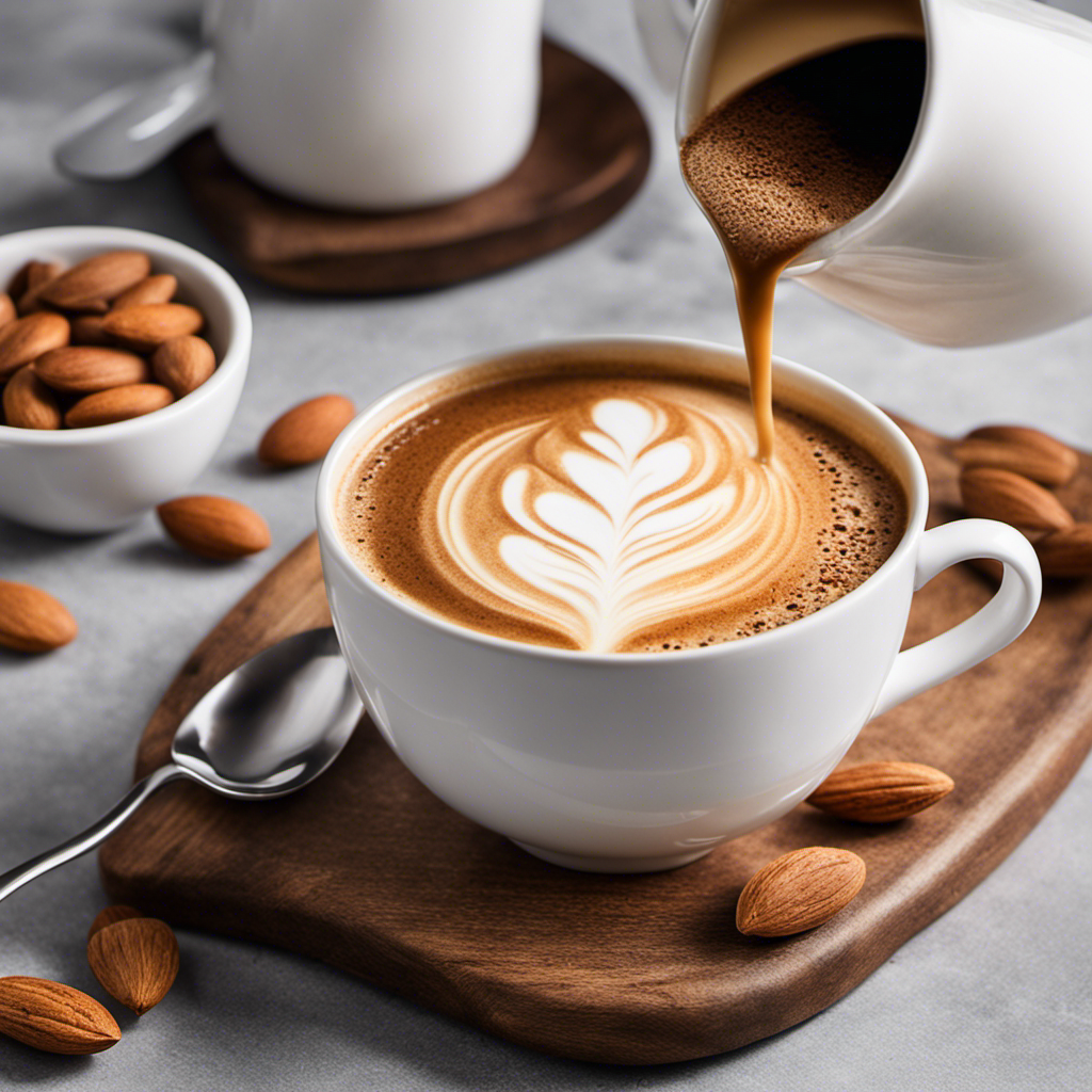 An image depicting a steaming cup of coffee filled with a rich, velvety swirl of almond milk, showcasing its smooth texture and creamy consistency as a perfect substitute for traditional cream