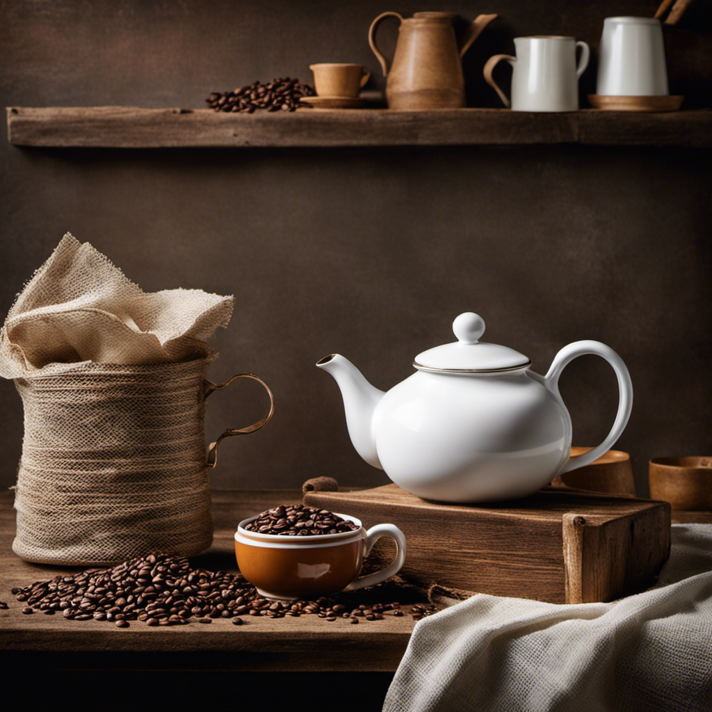 An image showcasing a rustic kitchen countertop adorned with a stack of clean, white paper towels, a mesh sieve filled with freshly ground coffee beans, and a vintage porcelain teapot brewing a rich, aromatic cup of coffee