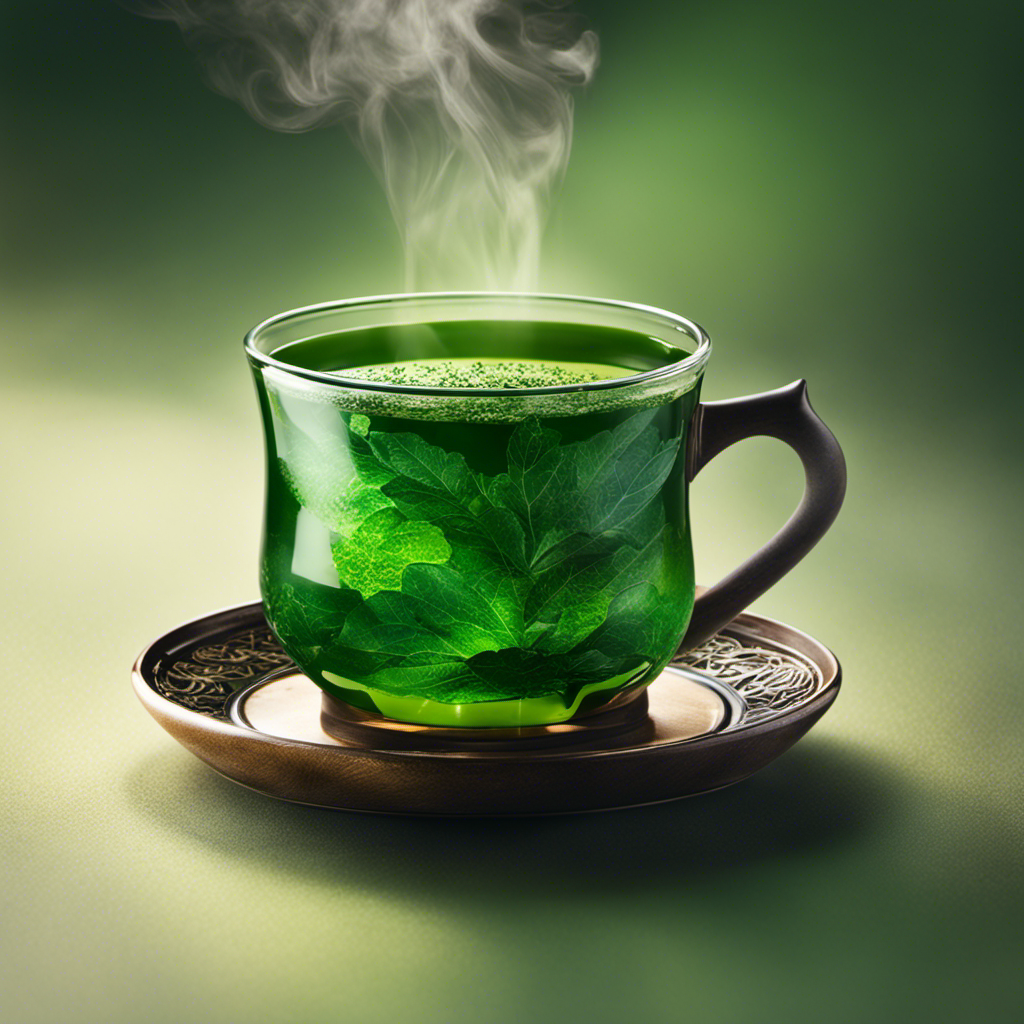 An image showcasing a steaming cup of yerba mate tea, exuding a vibrant emerald hue