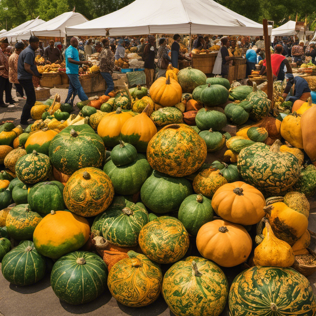 An image showcasing a bustling marketplace scene with vendors selling vibrant gourds, packed with fresh green yerba mate leaves, to diverse companies