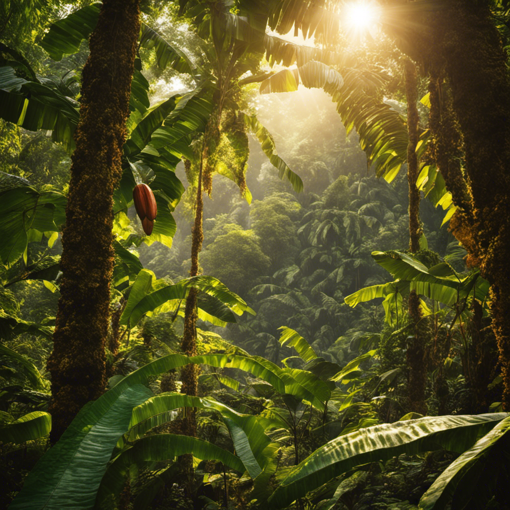 An image showcasing a lush tropical rainforest backdrop, where rays of golden sunlight filter through towering cocoa trees