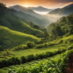 An image capturing a lush, high-altitude coffee plantation nestled amidst the mist-covered mountains