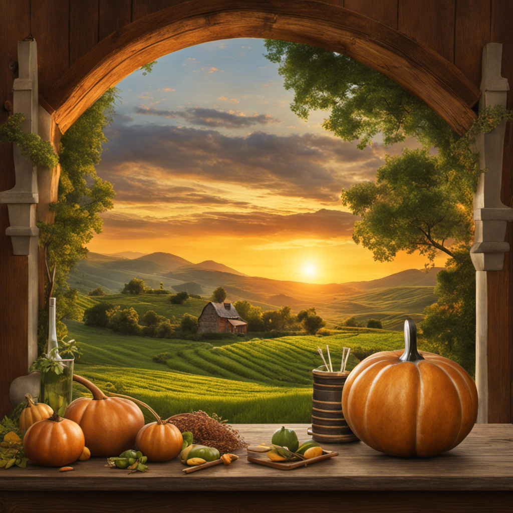 An image showcasing a serene landscape at sunrise, with a traditional gourd and a metal straw nestled amidst lush green hills