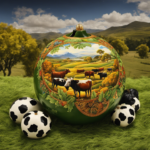 An image featuring a traditional gourd filled with yerba mate leaves surrounded by native Argentinean landscapes: rolling hills, vibrant green fields, and gauchos herding cattle