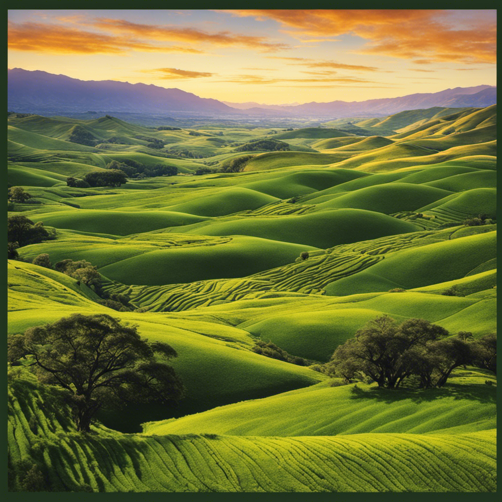 An image showcasing the lush, rolling hills of the Argentine Pampas, dotted with vibrant green Yerba Mate plantations stretching as far as the eye can see, evoking the main producer of this beloved beverage