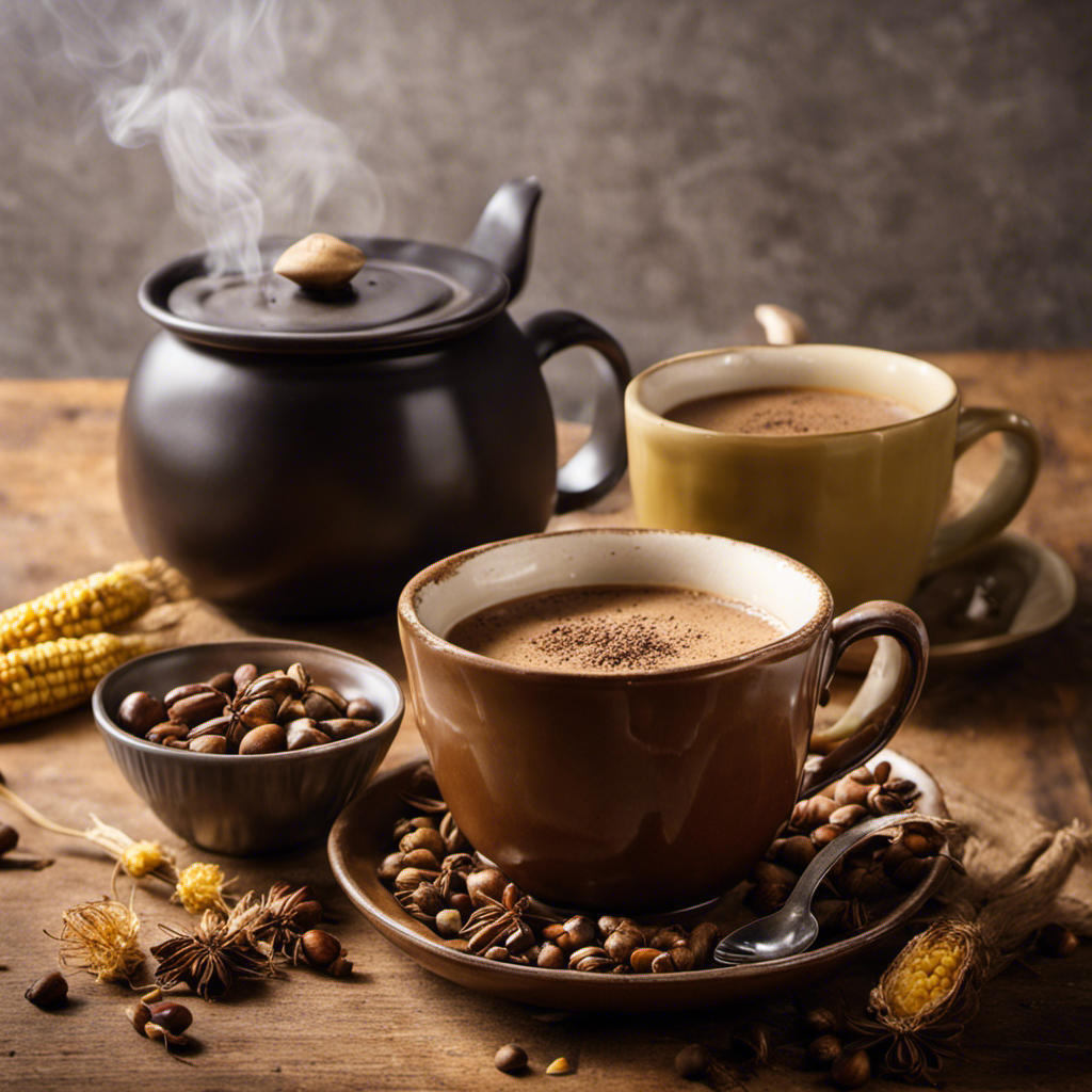 An image showcasing a worn-out ceramic mug with a steaming cup of chicory root coffee, surrounded by a backdrop of a humble kitchen counter with jars of roasted dandelion roots, toasted acorns, and parched corn